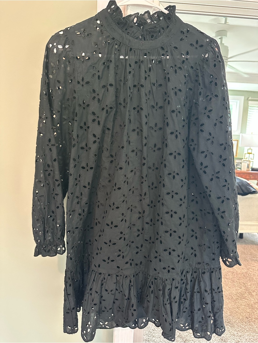 J. Crew Black Eyelet Ruffle Neck Dress